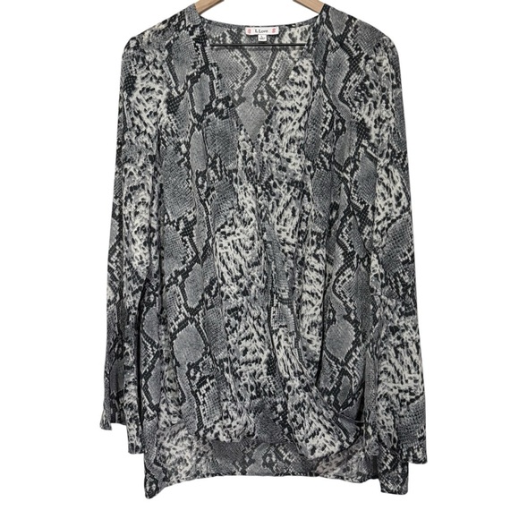 L Love Semi Sheer Snake Print Crossover Blouse Bell Sleeves Office Size Large - Picture 1 of 16